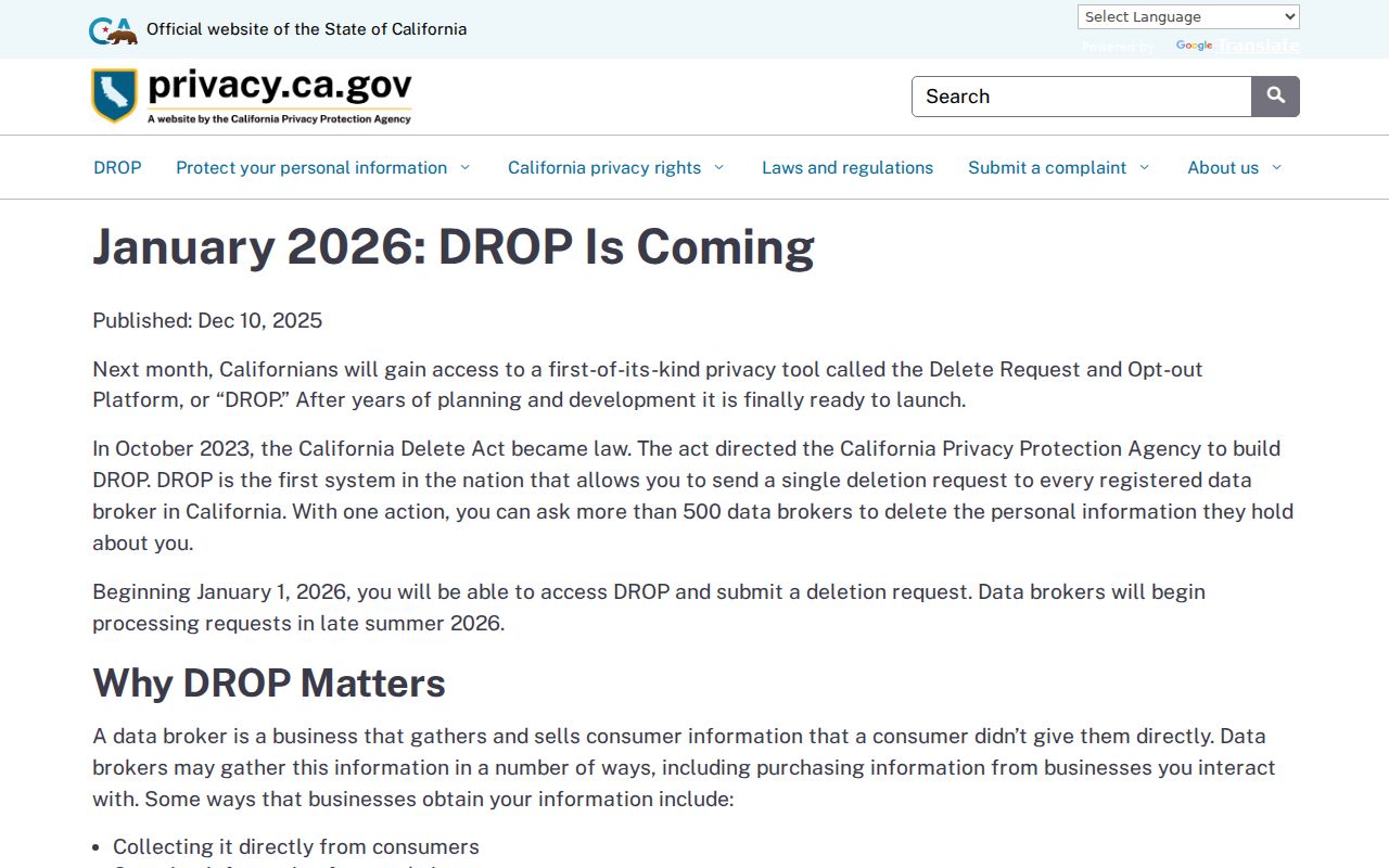 Benicia neighbors California DROP privacy portal