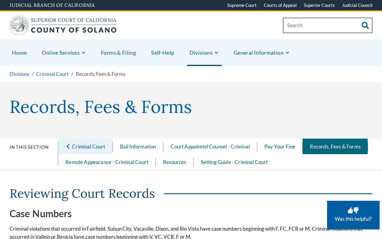 Benicia previous residents Solano court records and fees