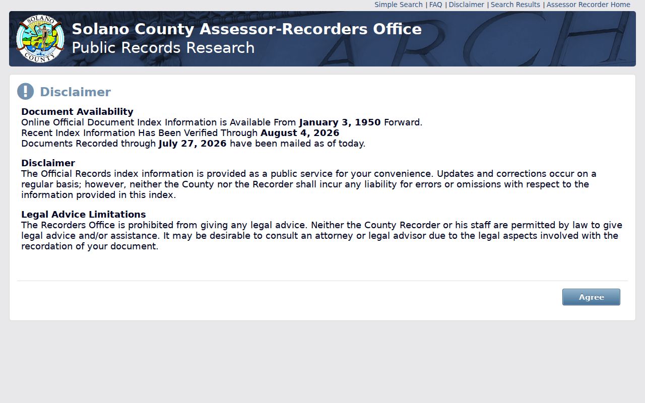 Benicia street directory Solano Recorder search FAQ